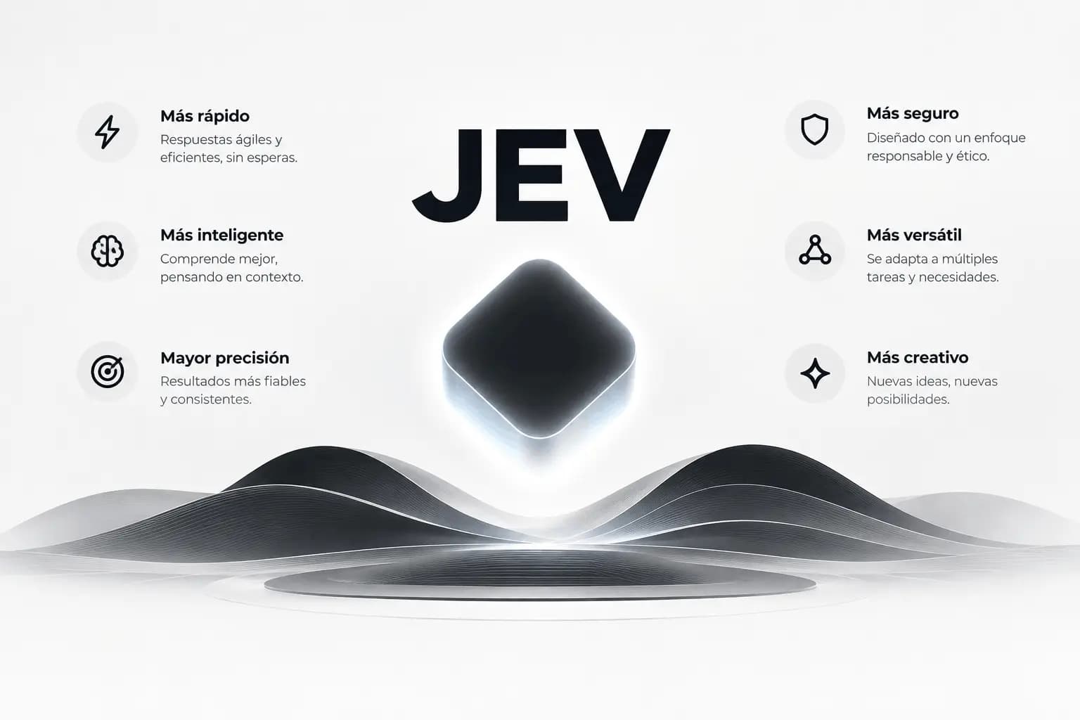 Representación abstracta del modelo de IA Jev flotando sobre una base futurista