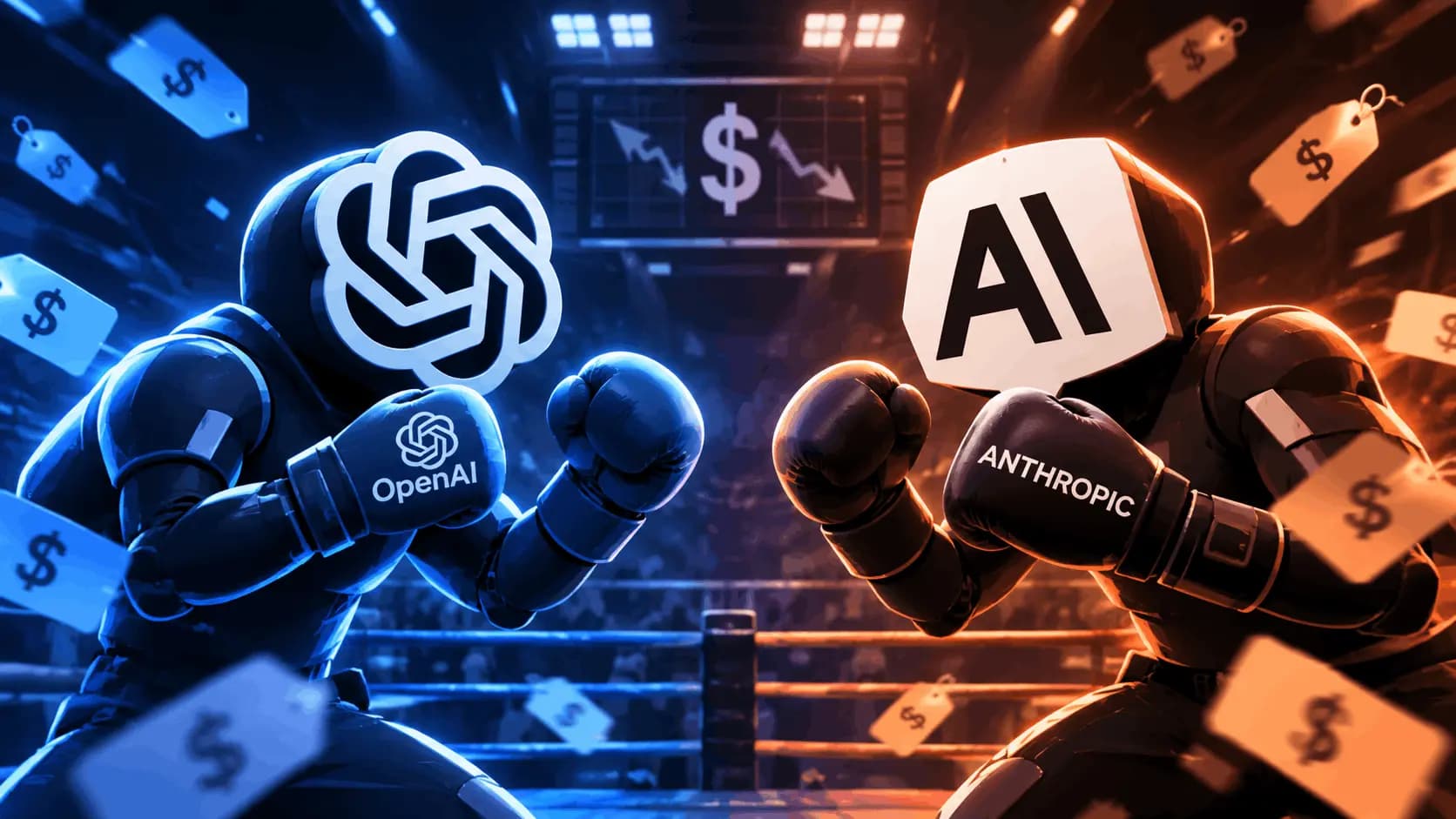 Ilustración de dos personajes con los logotipos de OpenAI y Anthropic enfrentados como boxeadores